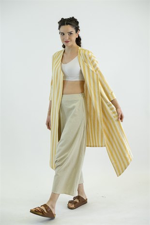 Mia Sarı Beyaz Çizgili Keten Kimono