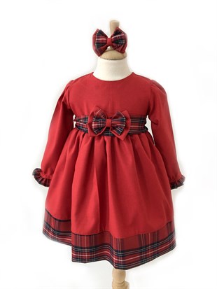 Yeniyıl Kırmızı Fiyonk Ekose Elbise + Toka